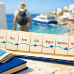Greek island travel calendar showing April–October, a map, and blurred harbor scene; best time to visit greek islands.