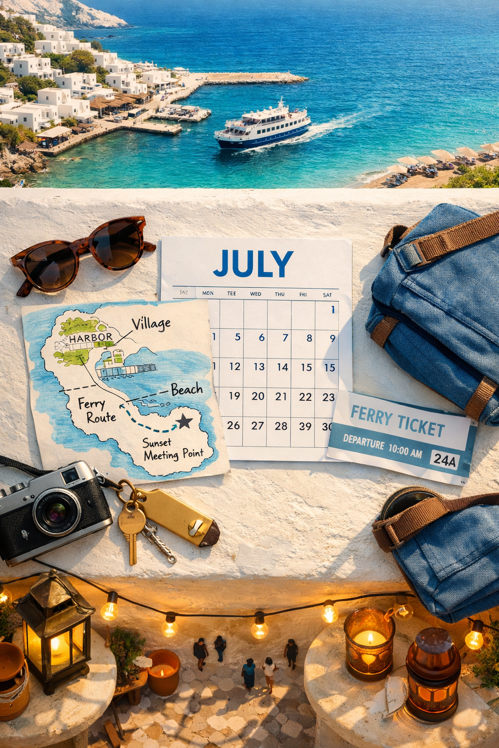 July Greek island travel flat lay with ferry, map, tickets, and Aegean harbor view, illustrating best time to visit greek islands