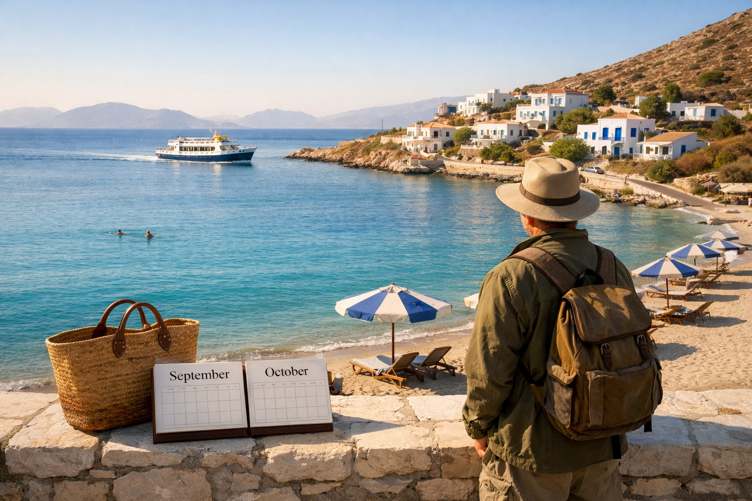 Traveler overlooking a quiet Greek island cove with ferry and village; calendar shows September and October, best time to visit greek islands