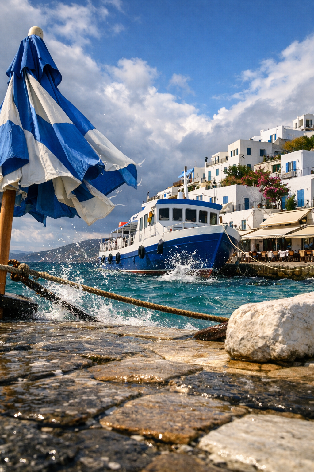 Windy Greek island harbor with a blue-white ferry, choppy turquoise water, and umbrella; best time to visit greek islands.