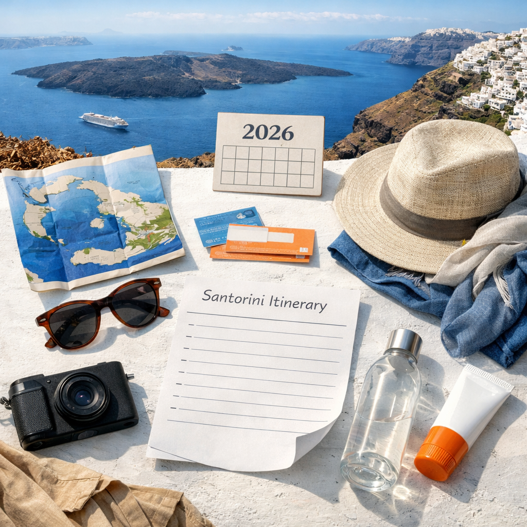Santorini 2026 travel flat lay overlooking Fira, caldera, Aegean Sea, and cruise boat on the island of Santorini in Greece