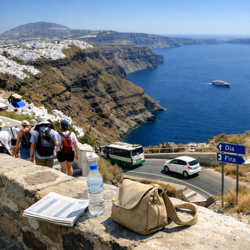 High-angle view of the island of santorini in greece, showing caldera villages, busy steps, buses, and volcanic cliffs.
