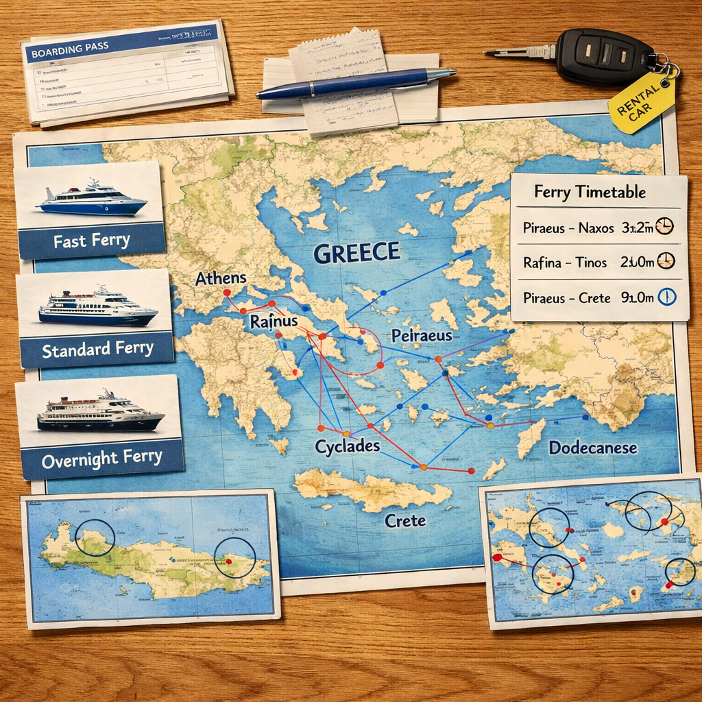 Overhead travel planning table with map of greece and greek islands, ferry routes, schedules, tickets, notes, pen, and car key tag.