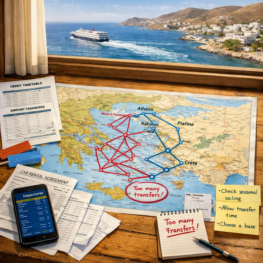 Greece and greek islands map with complex and simplified ferry routes, travel notes, and harbor view through a sunny window.