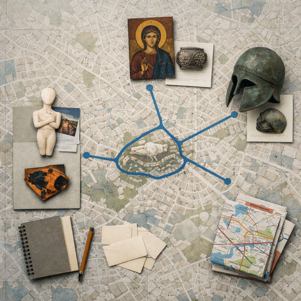 Flat-lay Athens map with artifacts, museum cards, and walking routes linking museums of athens landmarks.