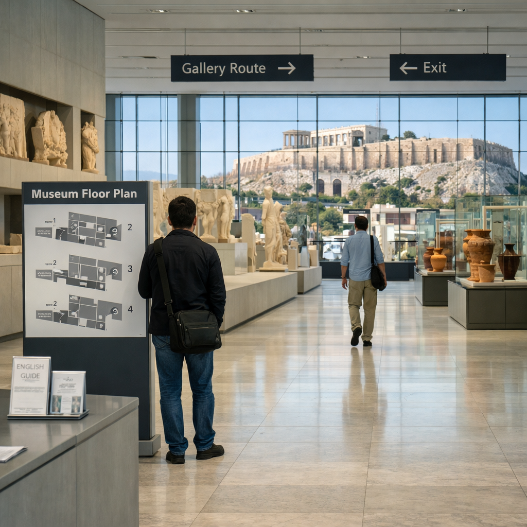 Visitors follow a gallery route past maps and ancient artifacts in the Acropolis Museum, with the Acropolis beyond; museums of athens