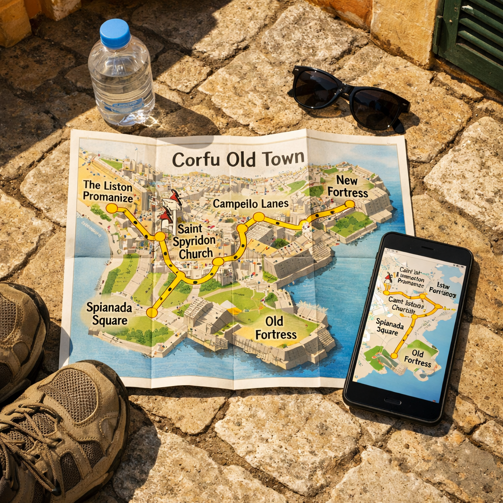 Flat-lay map and phone show a walking route through Corfu Old Town, with shoes, water, sunglasses, and sunlit stone paving.