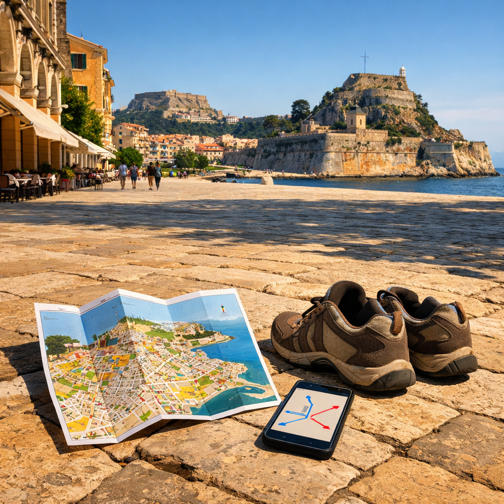 Map, walking shoes, and phone routes in Spianada Square, with Corfu Old and New Fortresses, Liston arcades, and red roofs beyond.