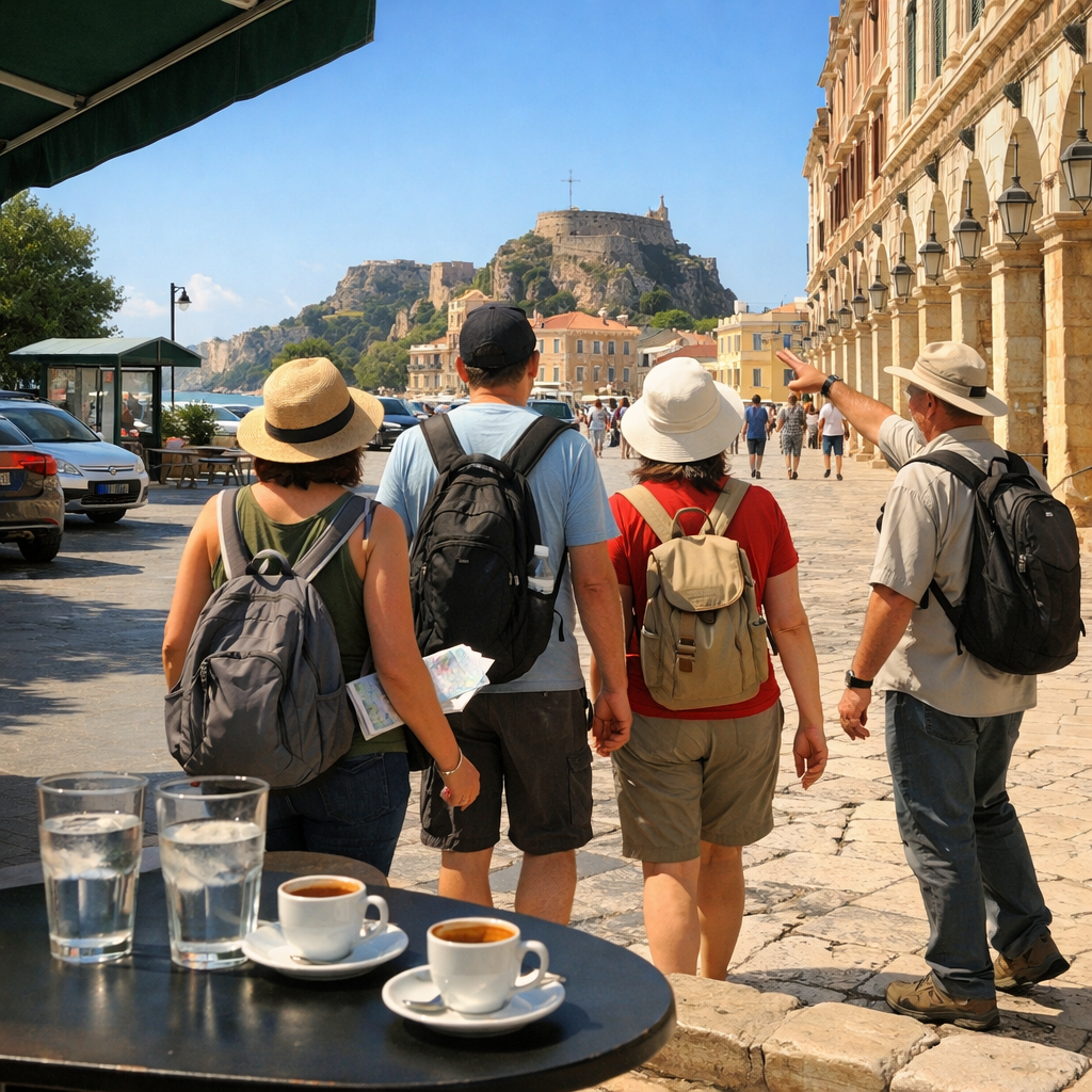 Travelers follow a guide toward Corfu Old Town, with Liston arcades and the Old Fortress beyond a shaded café terrace.