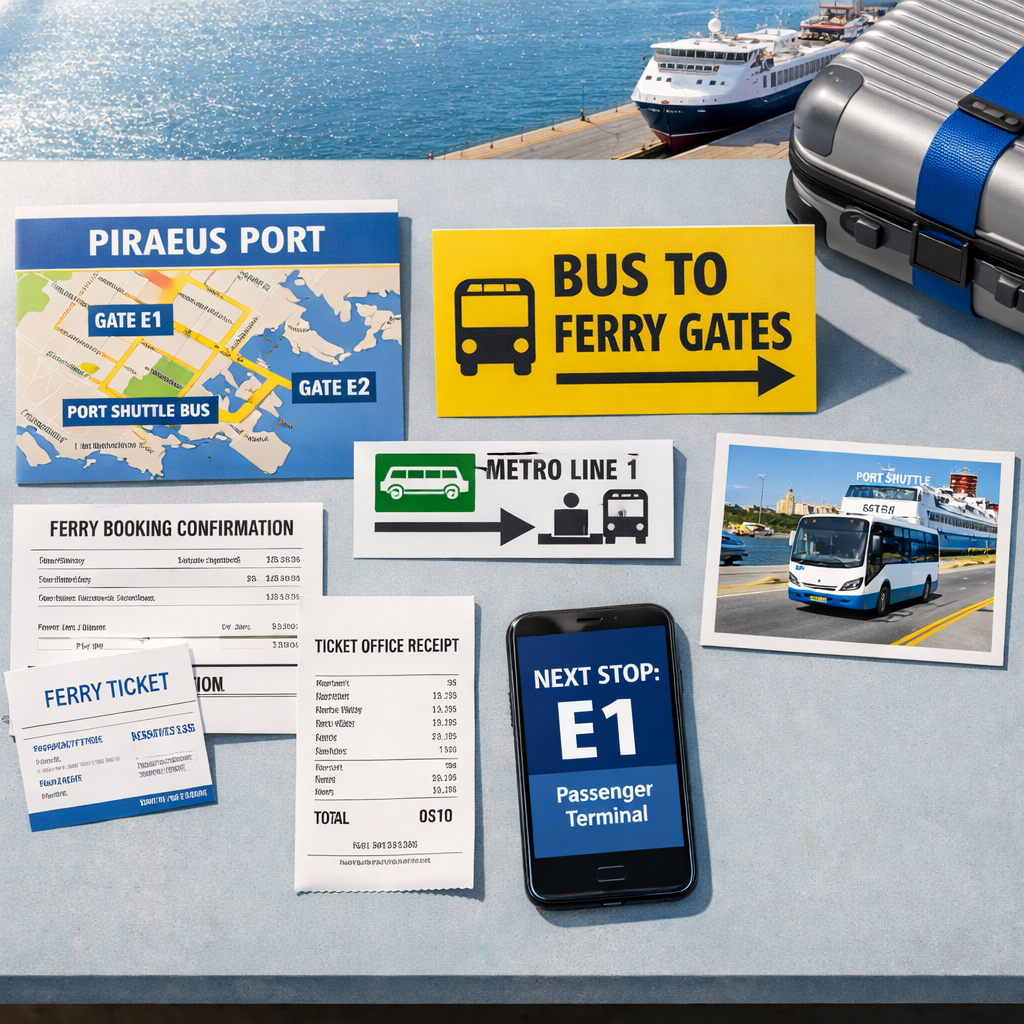 Piraeus port greece ferry connection flat lay with maps, tickets, shuttle bus photo, suitcase, and E1 route phone display