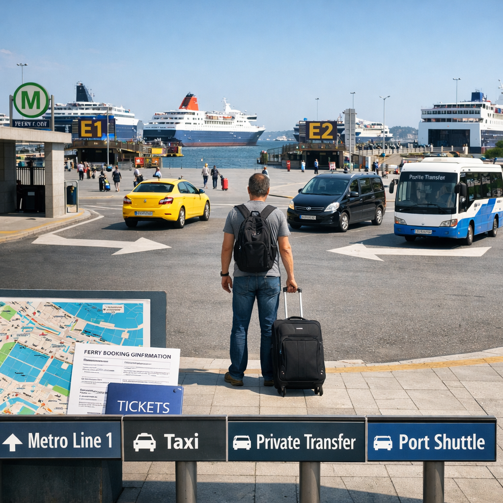 Traveler choosing between metro, taxi, shuttle, and private transfer at sunny Piraeus port greece, with ferries and E1/E2 gates.
