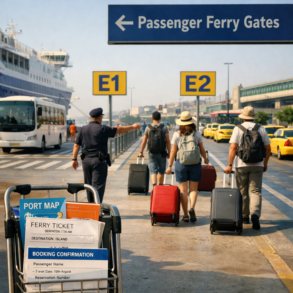 Travelers head toward ferry gates at Piraeus Port Greece with luggage, signs E1 and E2, shuttle, taxis, and ferry.