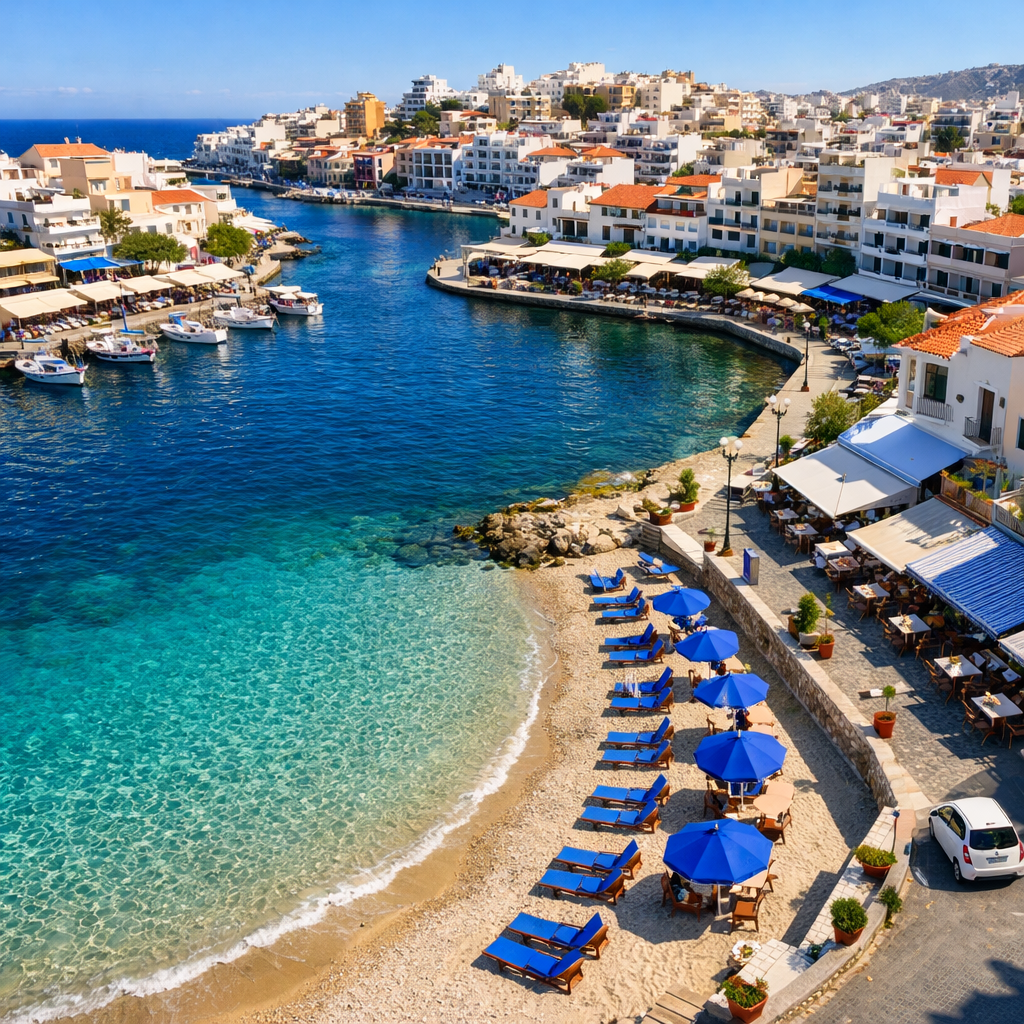 Aerial view of Kitroplatia Beach in agios nikolaos with turquoise water, cafés, promenade, boats, and Lake Voulismeni.