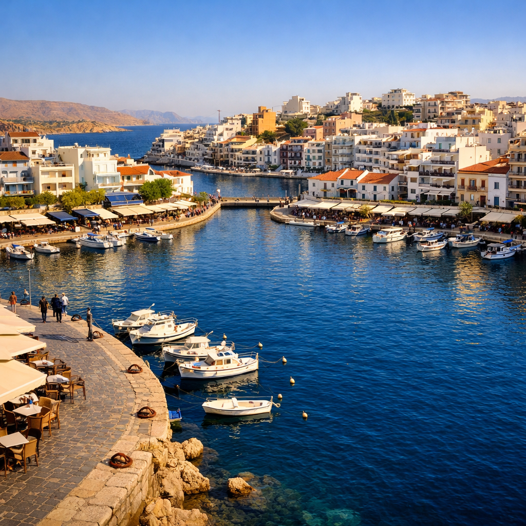 Agios Nikolaos harbor and Lake Voulismeni, with boats, cafés, whitewashed buildings, and ochre hills in warm sunlight.