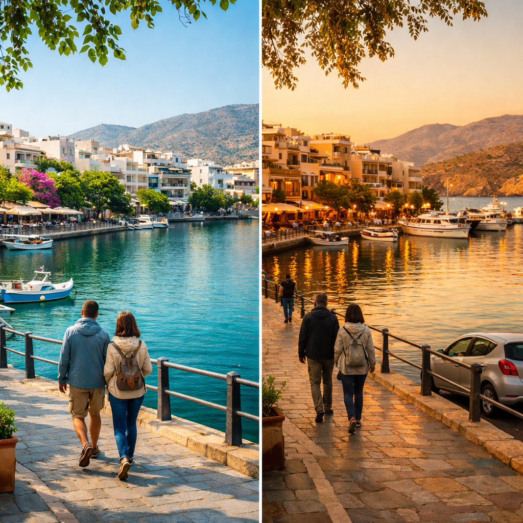 Agios Nikolaos waterfront diptych in spring and autumn, with Lake Voulismeni, boats, travelers, cafes, and Cretan hills.