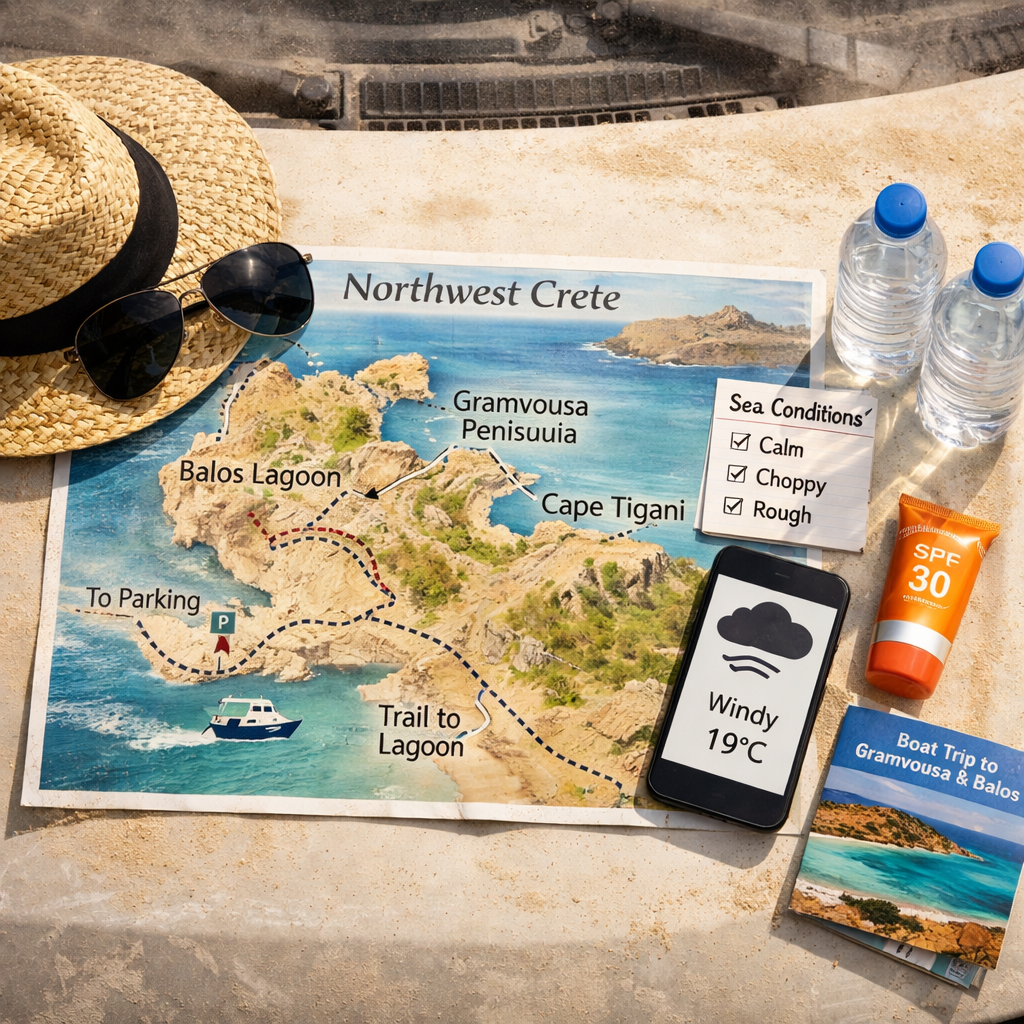 Balos Crete map, weather forecast, ferry leaflet, sunglasses, hat, sunscreen, and water bottles on a dusty vehicle hood.