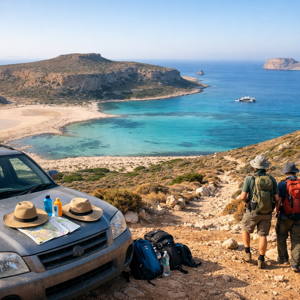 Balos Crete lagoon at dawn, with travelers preparing beside a vehicle above the rocky trail, turquoise shallows and Gramvousa Peninsula beyond.