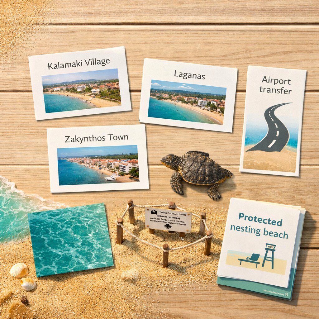 Overhead flat lay of Zakynthos stay cards, beach textures, turtle conservation markers, and “zante kalamaki beach” leaflet.