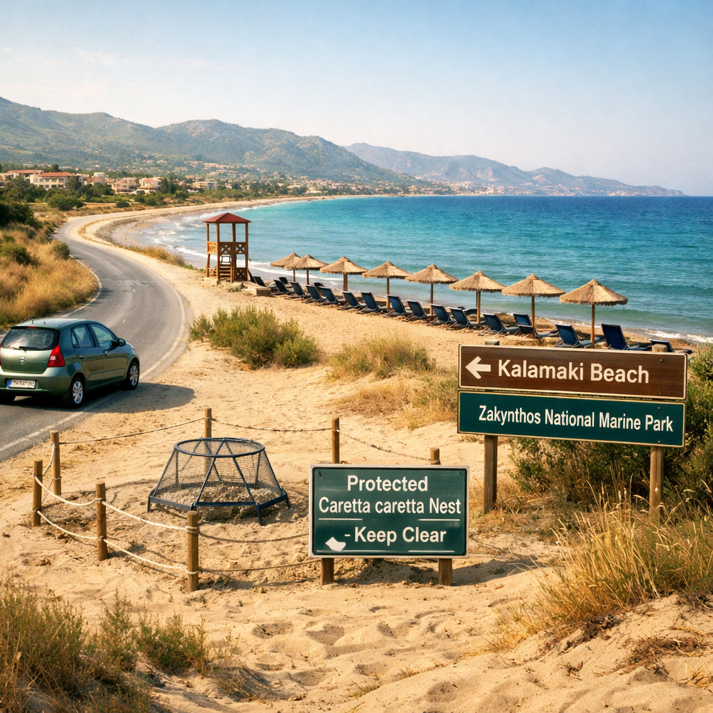 Road curves toward zante kalamaki beach, with turtle nest barriers, conservation sign, rental car, sunbeds, and turquoise sea.