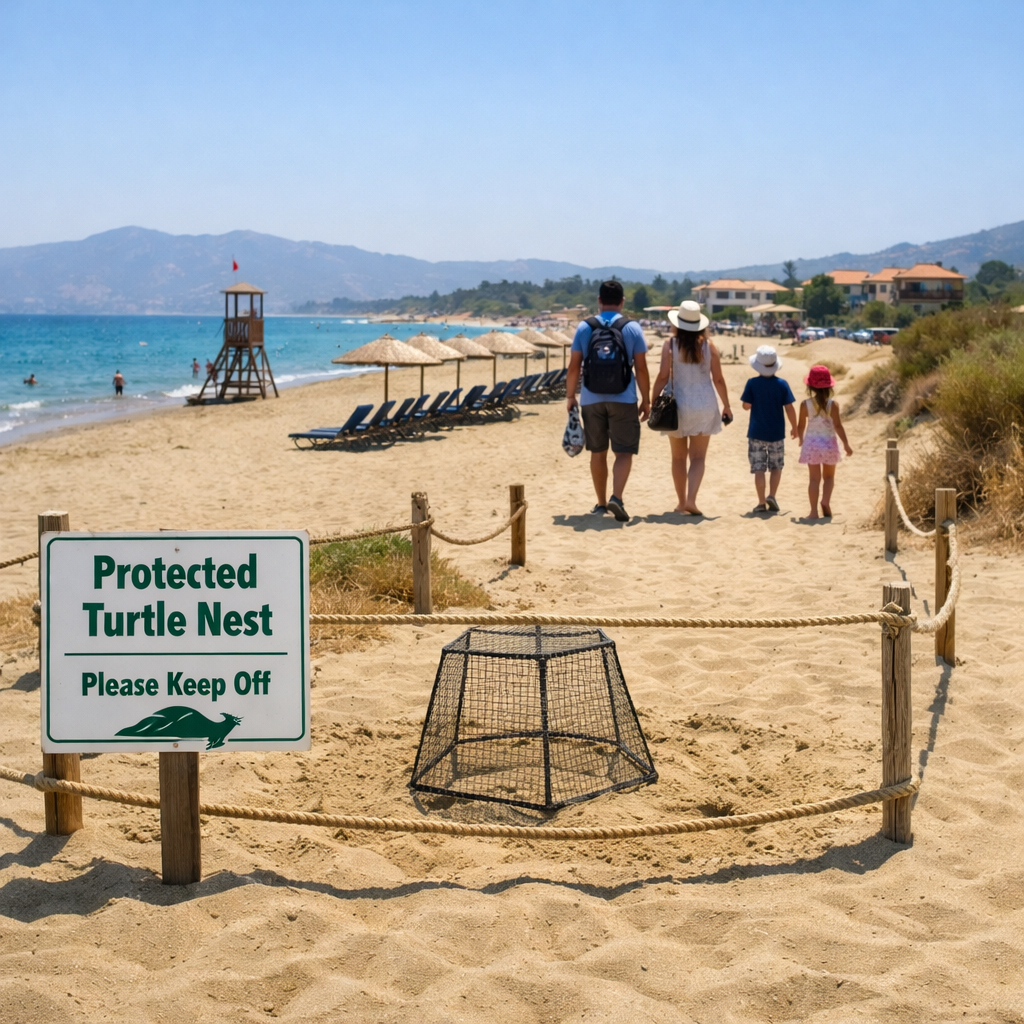 Family walking from a protected turtle nest toward Kalamaki facilities at zante kalamaki beach, with turquoise sea beyond
