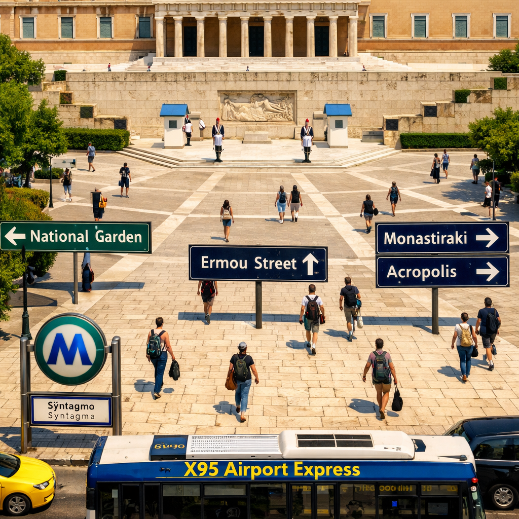 Bird’s-eye view of syntagma square with Parliament, Evzones, wayfinding signs, pedestrians, Metro entrance, and X95 bus.