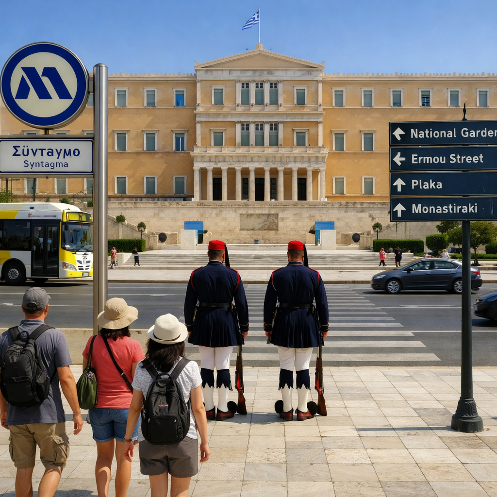 Syntagma Square with Evzones, Greek Parliament, X95 bus, metro sign, visitors, and routes to the National Garden and Ermou Street.