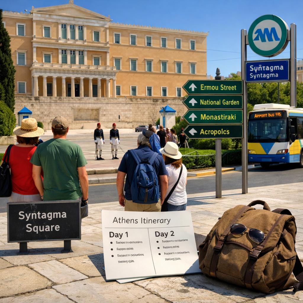 Syntagma Square route scene with Parliament, Evzones, visitor itinerary, wayfinding signs, metro entrance, and Airport Bus X95.