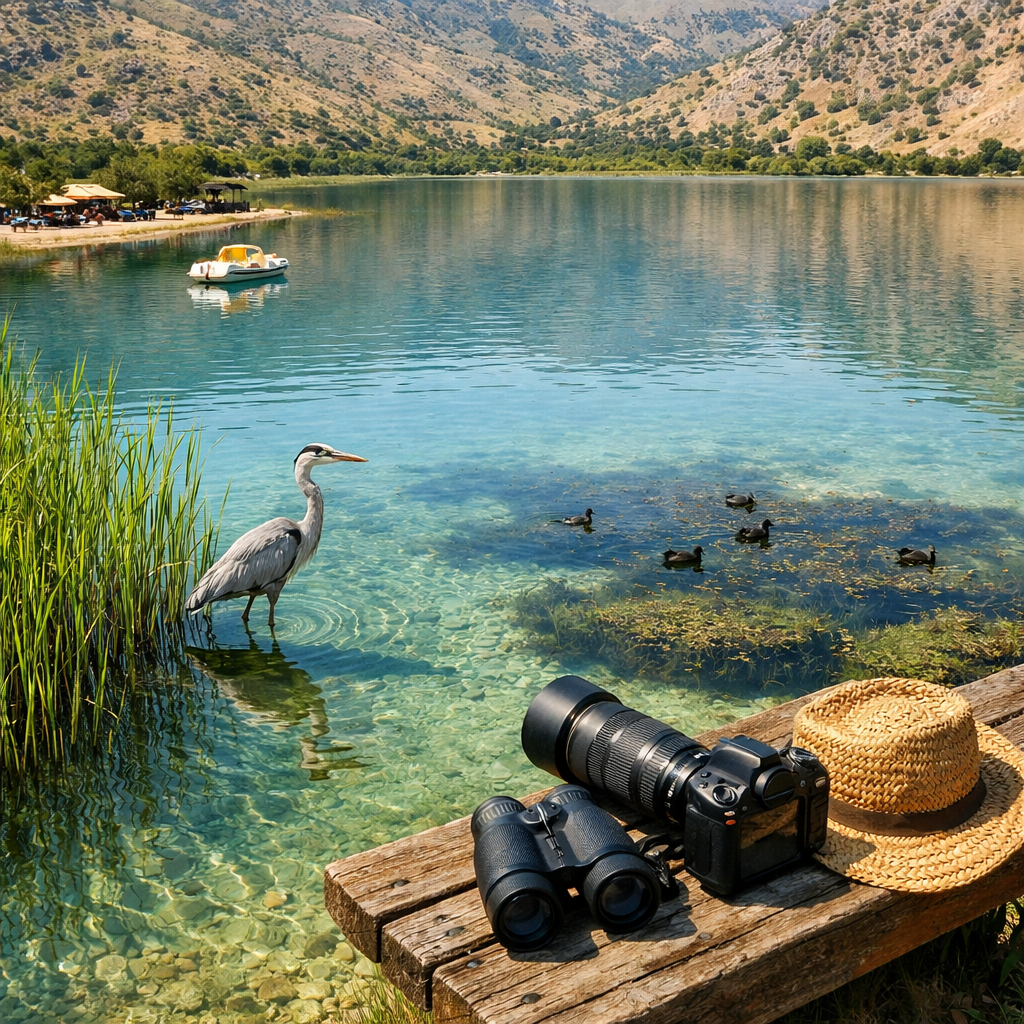 Grey heron among reeds at kournas lake, with camera, binoculars, hat, pedal boat, tavernas, and hills reflected in turquoise water.