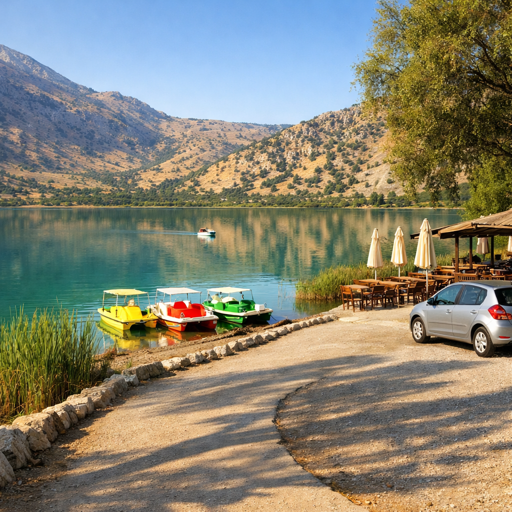 kournas lake with pedal boats, reeds, taverna, and parked car beside calm turquoise water and Cretan hills.