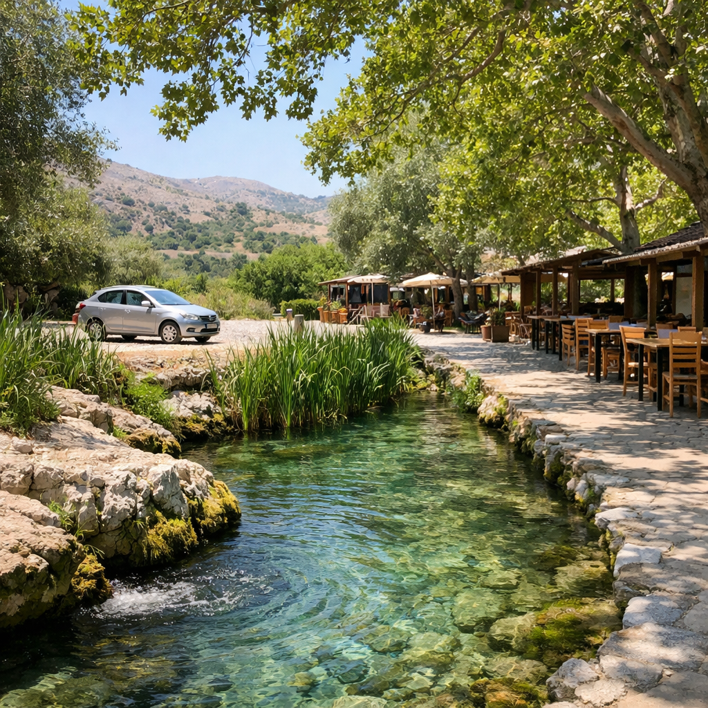 Argiroupoli spring pool with mossy limestone, shaded path and cafés near kournas lake, Crete.