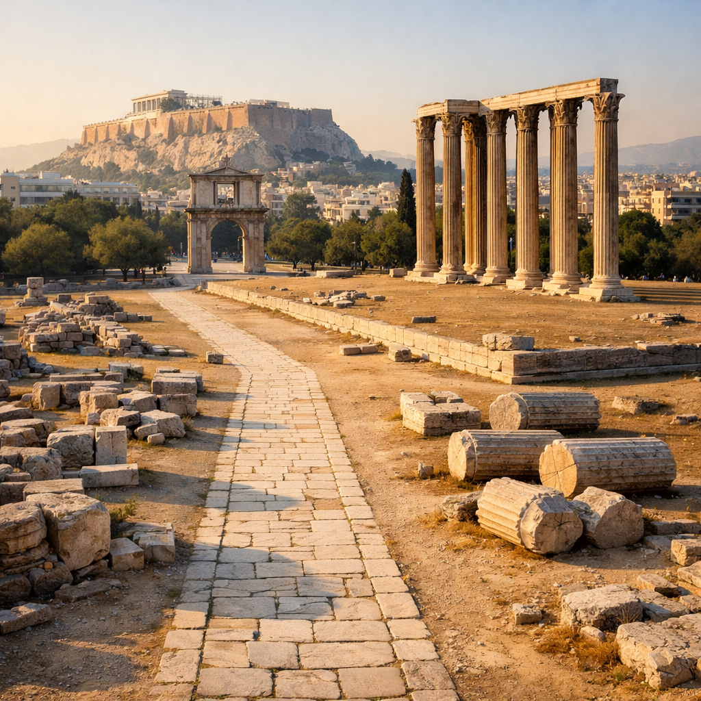 Bird’s-eye view of Athens Olympieion path, fallen columns, Hadrian’s Arch, and Acropolis beyond—the athens zeus temple.