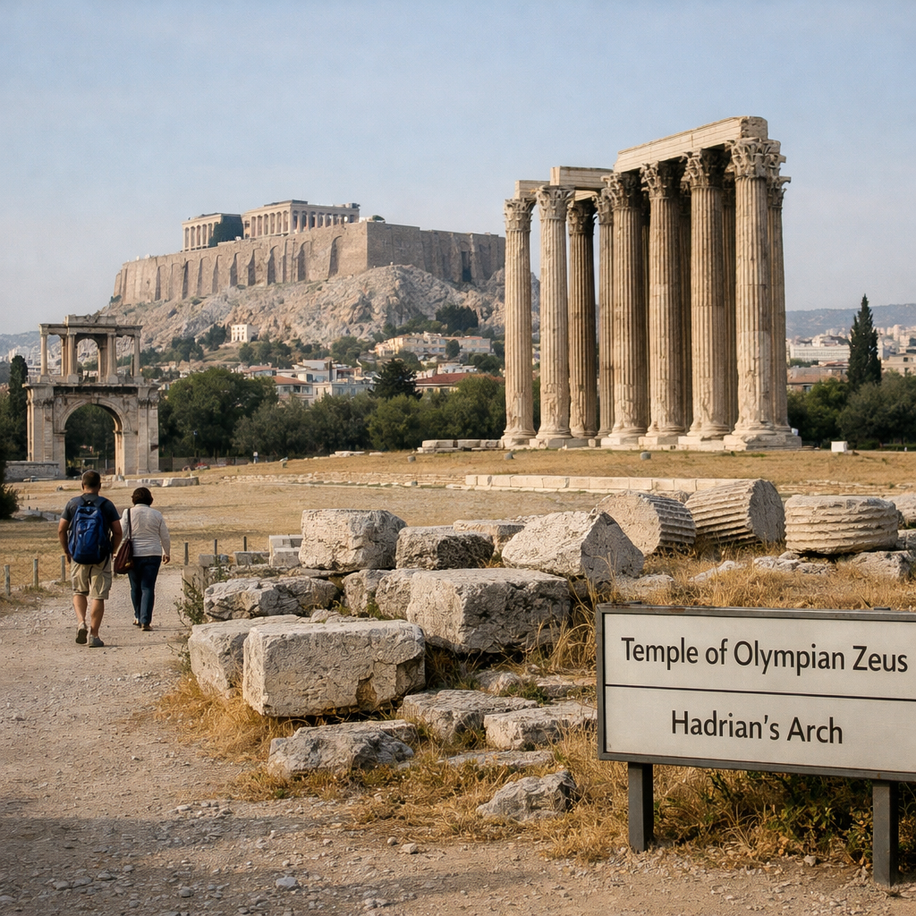 athens zeus temple with Corinthian columns, Hadrian’s Arch, Acropolis, and visitors along a path in Athens archaeological site