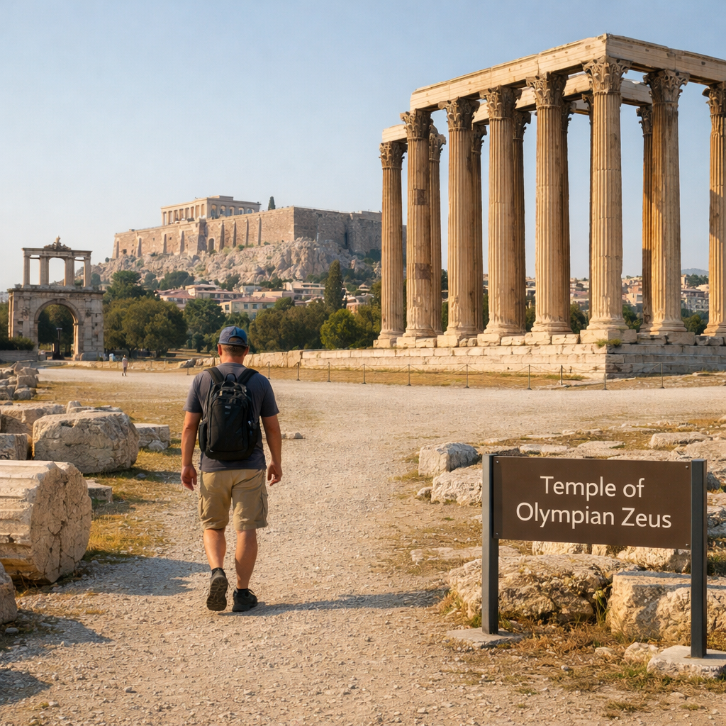 Visitor walking toward Corinthian columns at Athens' Olympieion, with Hadrian’s Arch and Acropolis beyond—athens zeus temple.