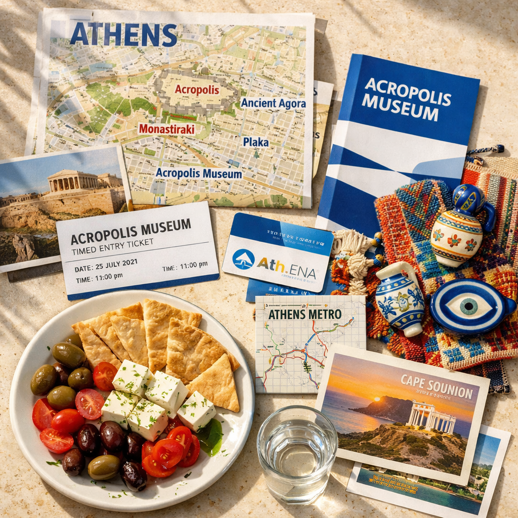 Flat lay of Athens map, museum ticket, metro card, market textiles, Greek food, and postcards—stuff to do in athens.