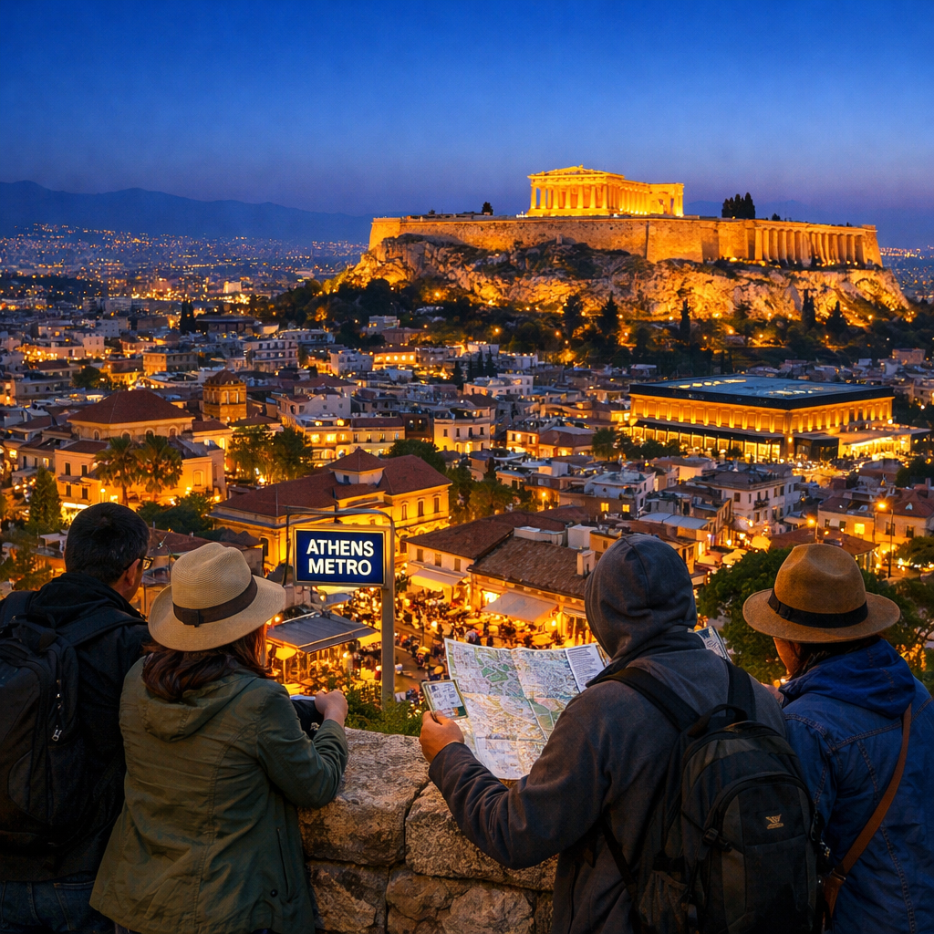 Travelers view Athens at blue hour from Lycabettus Hill, with the illuminated Acropolis, Plaka, and “ATHENS METRO”; stuff to do in athens