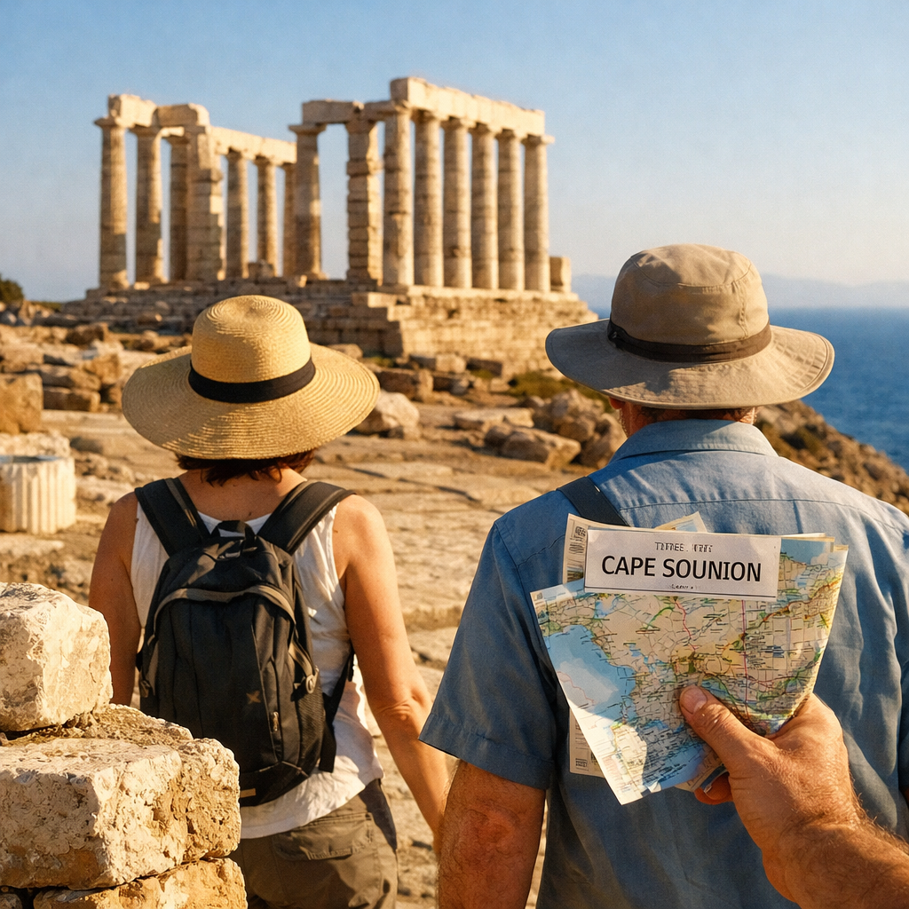Travelers approach Poseidon’s Temple at Cape Sounion, with an English map and ticket, showcasing stuff to do in athens.