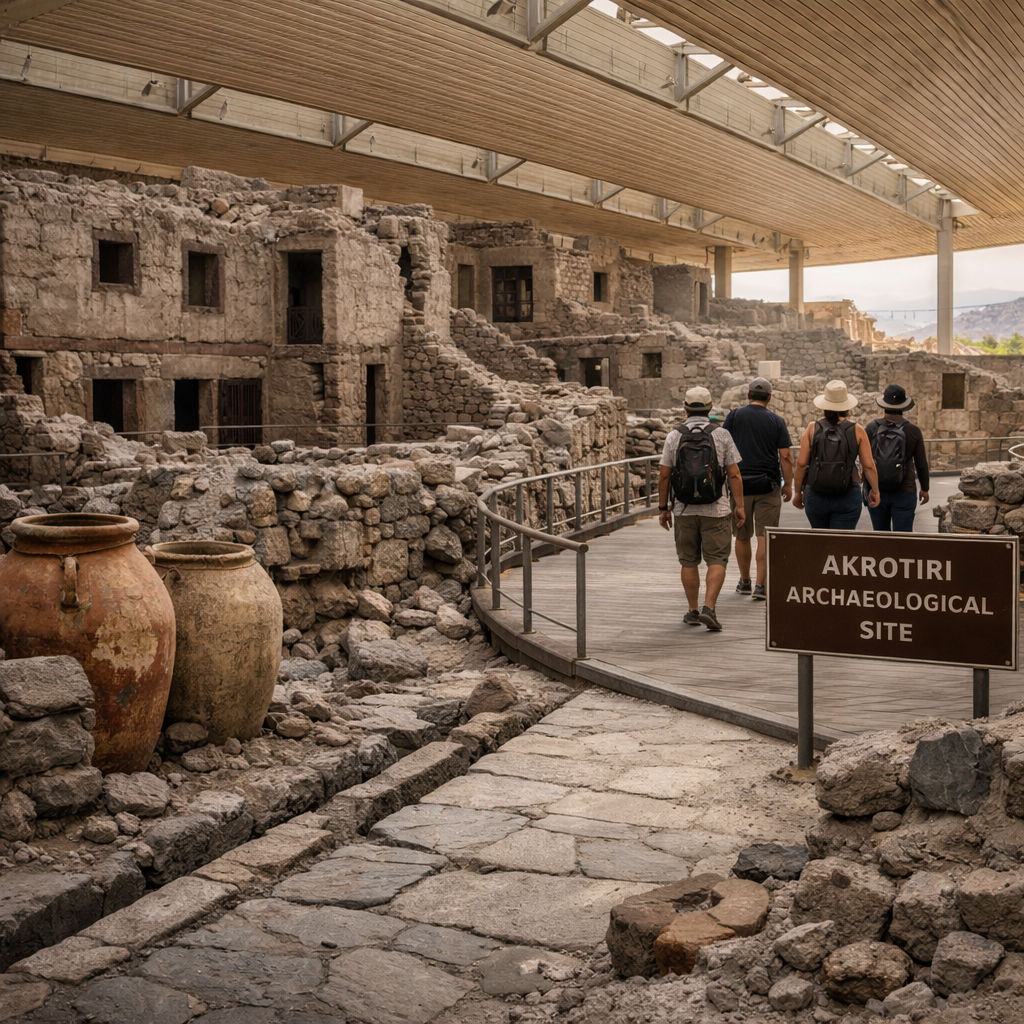 Covered Akrotiri ruins in Santorini, with visitors walking among Bronze Age houses, stone streets, and ceramic jars.