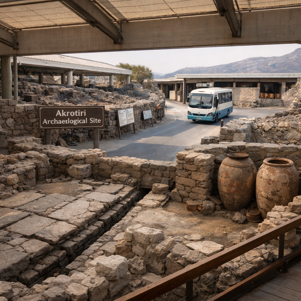 santorini akrotiri ruins beneath a canopy, with preserved paving, visitor paths, and a local bus arriving at the entrance