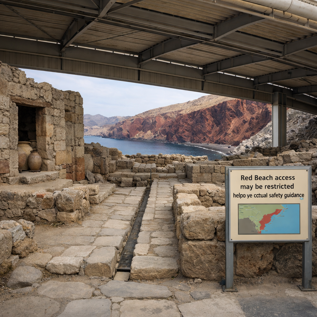 santorini akrotiri ruins under a canopy, with ancient walls and jars framing Red Beach’s rust-red cliffs and dark shore