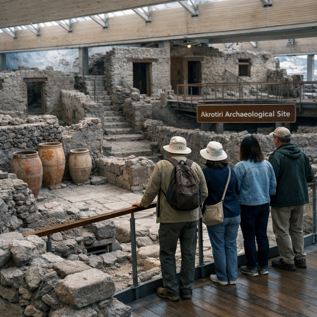 Visitors study Bronze Age ruins, pottery, and stone streets beneath the canopy at santorini akrotiri archaeological site.