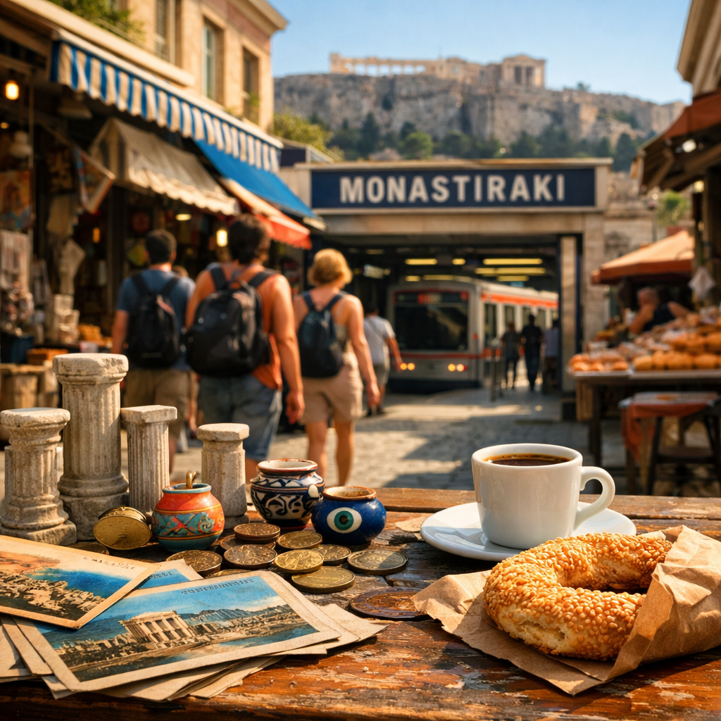 athens monastiraki flea-market table with Greek souvenirs, pastries, metro entrance, Hadrian’s Library, and Acropolis beyond.