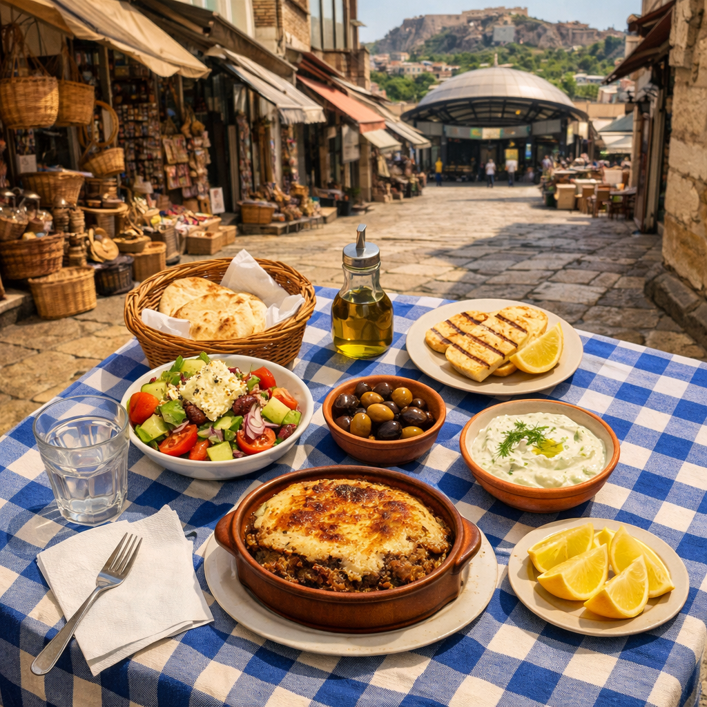 Overhead Greek taverna meal on a sunlit Monastiraki lane, with Acropolis glimpse beyond; athens monastiraki.