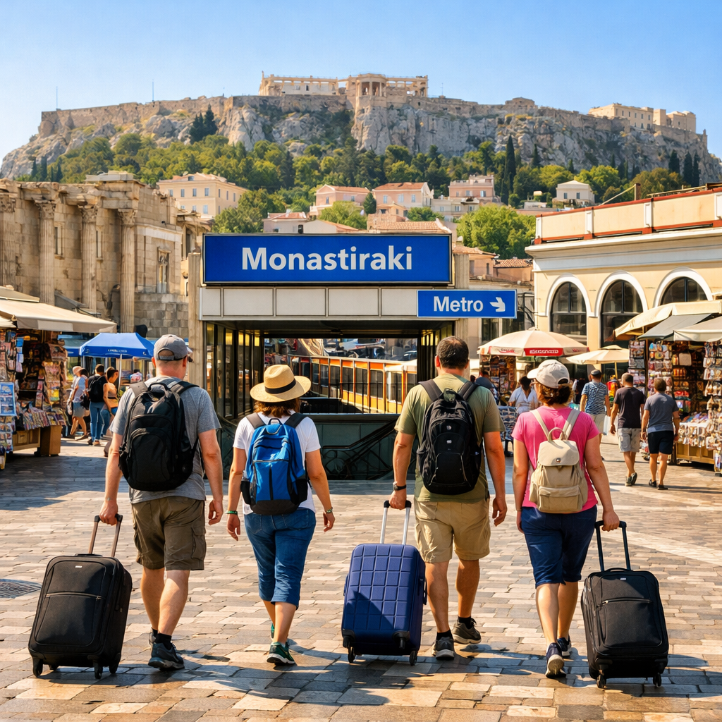 athens monastiraki Square with Metro entrance, travelers, flea-market stalls, Hadrian’s Library, and the Acropolis beyond