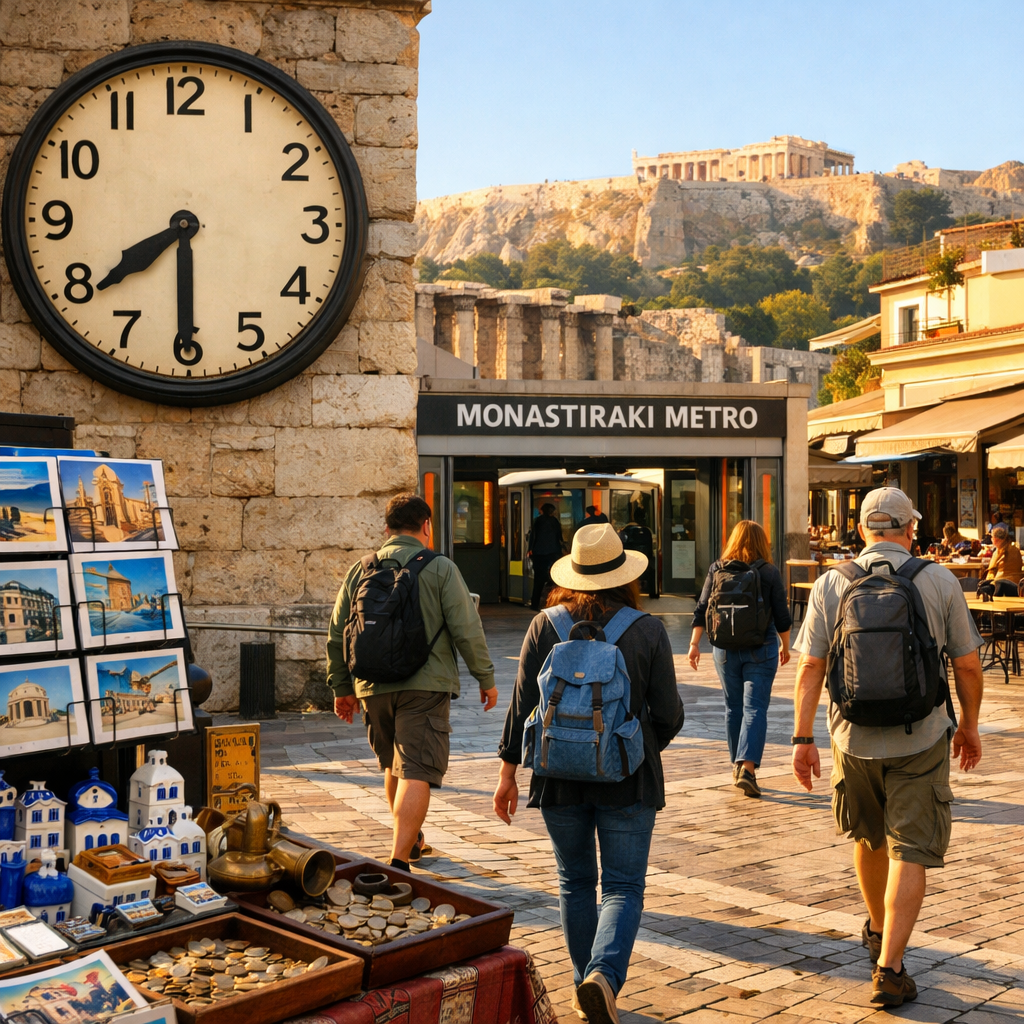 athens monastiraki at 8:30, travelers cross a sunny square beside a market stall, metro entrance, ruins, and Acropolis views