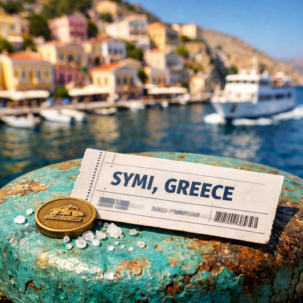 Close-up of a SYMI, GREECE ferry pass on a turquoise bollard, with Gialos Harbor and the greek island of symi behind.