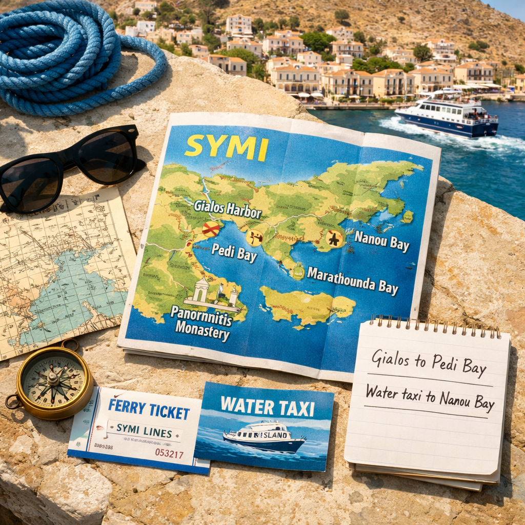 Flat lay of Symi beach-planning essentials by Gialos Harbor, with map, tickets, route notes, and greek island of symi beyond.