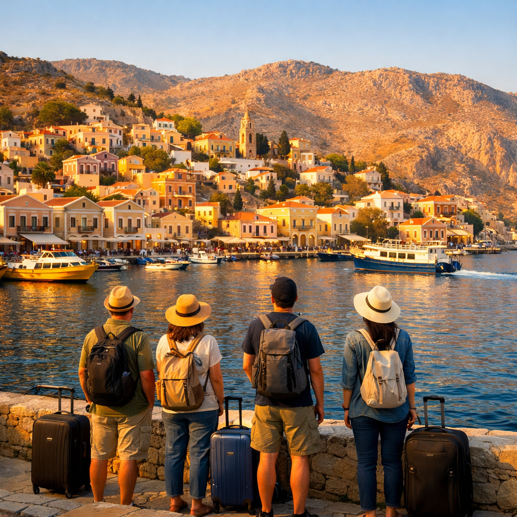 Travelers pause on Gialos Harbor promenade overlooking pastel Symi Town, boats, and sunlit hills on the greek island of symi