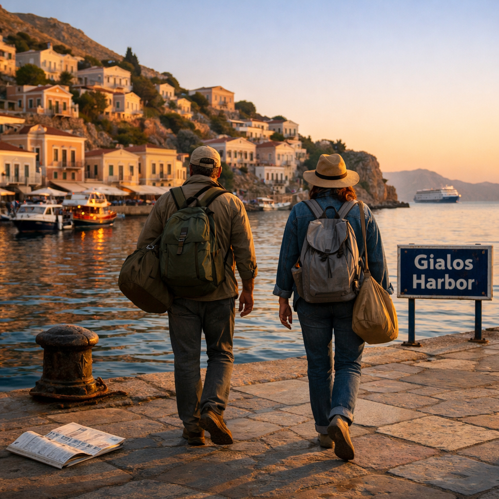 Travelers walk Gialos Harbor beneath Symi Town’s pastel houses at sunset, with boats and hills framing the greek island of symi