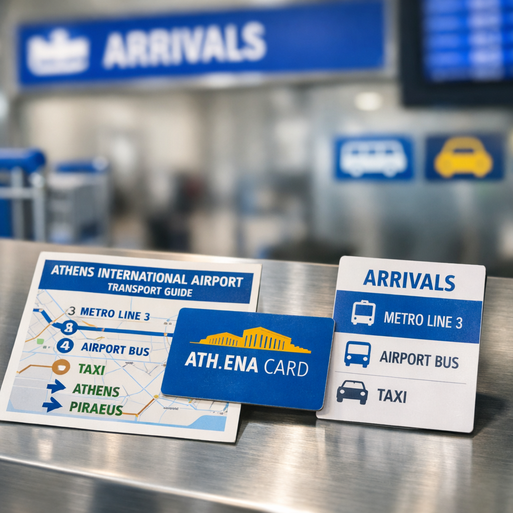 Athens ath airport guide with map, travel card, and wayfinding card showing metro, bus, taxi, Athens, and Piraeus.