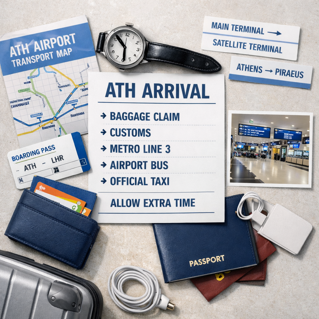 Flat lay of ATH arrivals planning: map, itinerary, watch, passport, tickets, and transport cards labeled athens ath airport.